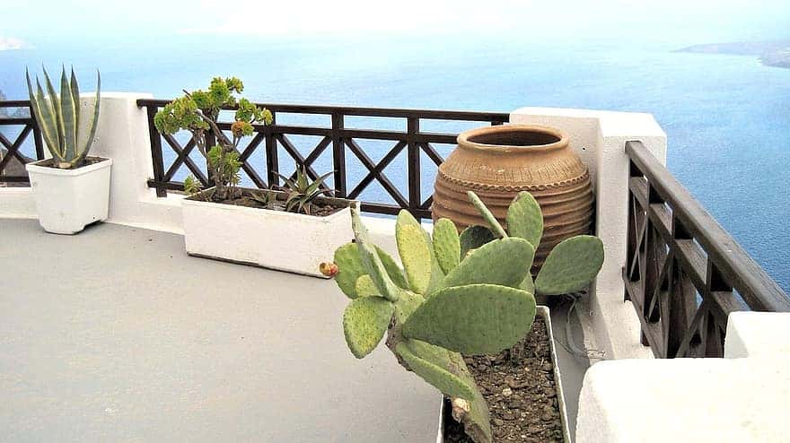 Balcony with plants pots full of soil